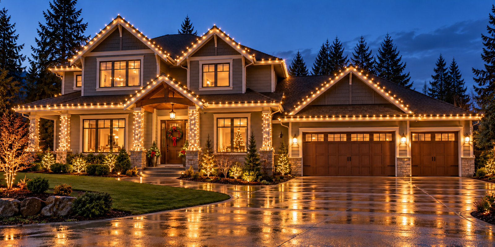 House decorated with warm white Christmas lights